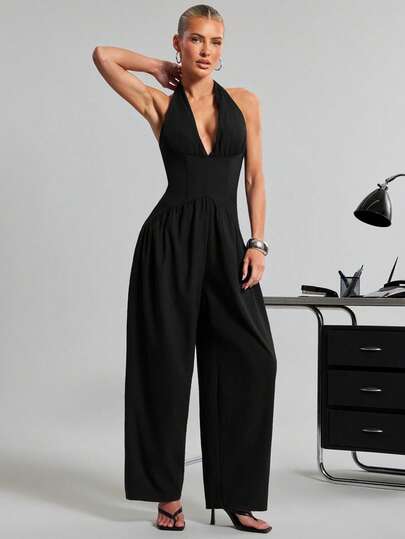 Hauture Women's Deep Halter V Neck Backless Boning Jumpsuit, Black, Summer, Sexy Elegant Chic, Party Night Out Wide Leg Office Outfit, Old Money Plunge Wear