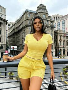 Rovax Women's V-Neck Solid Color Casual Short Sleeve T-Shirt And Shorts 2-Piece Set, Summer - Yellow - View 5