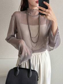 FRIFUL Women's Mesh Turtleneck Sheer Top, Layering Piece For Autumn Cover Ups For Swimwear - Grey - View 6