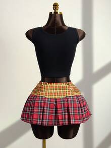 Zestiva Chân váy ngắn xếp ly kẻ caro phối màu tương phản kiểu retro dành cho nữ, cạp chun co giãn, giúp thon gọn vóc dáng. - Nhiều màu - Xem 2