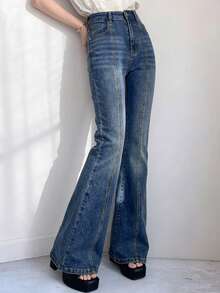 FRIFUL 女士休闲百搭喇叭牛仔裤，带口袋 - 藍色 - 查看 1