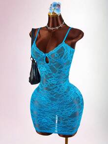 Amplova Y2K Blue Low-Cut Lace Sexy Sheer Mini Dress For Women Y2k Dresses Women's Summer Outfits Club Outfits For Women Dress Turquoise,Summer Dresses For Women - Blue - View 2