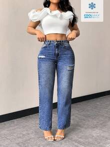 Flexra Plus Size Women's Fashion Versatile Washed Distressed Denim Jeans - Medium Wash - View 4