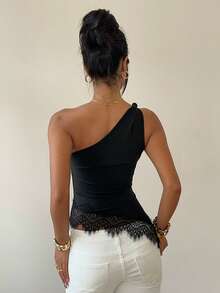 Siren Gaze 蕾丝拼接扭结单肩上衣，优雅修身女士衬衫，黑色，嘉年华露脐上衣，休闲夏季，露肩，露背，派对，音乐节 - 黑色 - 查看 2