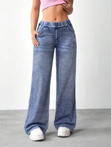 Flexra 女士松紧腰带口袋宽松休闲阔腿牛仔裤 - 藍色 - 查看 4