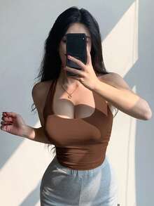 DAZY 女士露脐吊带露背背心，修身剪裁，适合音乐节、度假、街头穿着，春夏秋季皆宜。 - 棕色 - 查看 3