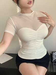 Joudiya 透視網格拼接貼身短版上衣，適合音樂節、婚禮、派對、休閒穿著，短袖，白色外出上衣 - 米色 - View 6