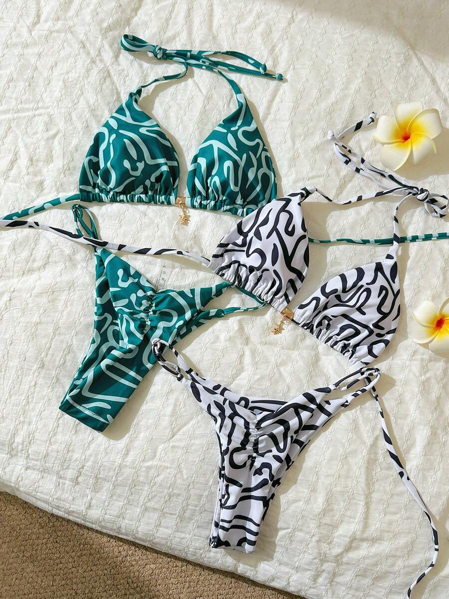 Elavelle 春假女士纯色吊带性感比基尼泳衣套装 - 彩色 - 查看 1