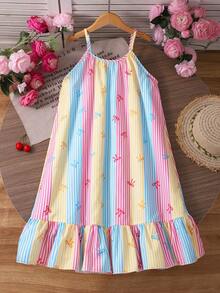 SHEIN Tween GirlsRainbow Striped Print Sleeveless Ruffle Hem Casual Vacation Dress - Multicolor - View 2