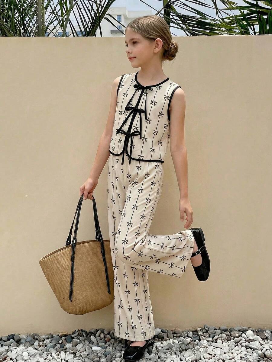 SHEIN Serisse Kids Conjunto de 2 piezas para niña preadolescente con top sin mangas con estampado de mariposa, ribete de contraste y decoración de lazo, y pantalones de pierna ancha - Albaricoque - Ver 1
