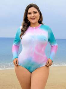 Swim Shayni 3pcs Plus Size Set: Printed Knit Top With Zipper, Solid Color Pants, And Long Skirt - Multicolor - View 4