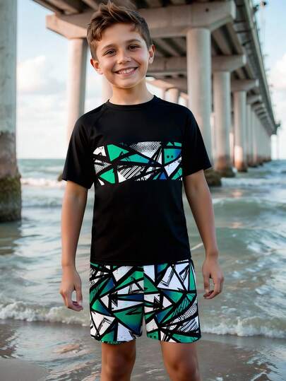 SHEIN Boys' Printed Short Sleeve Rash Guard & Swim Trunks 2-Piece Swimsuit