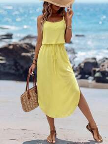 Sylviya 女士休闲米黄色开衩吊带沙滩裙 - 黃色 - 查看 1