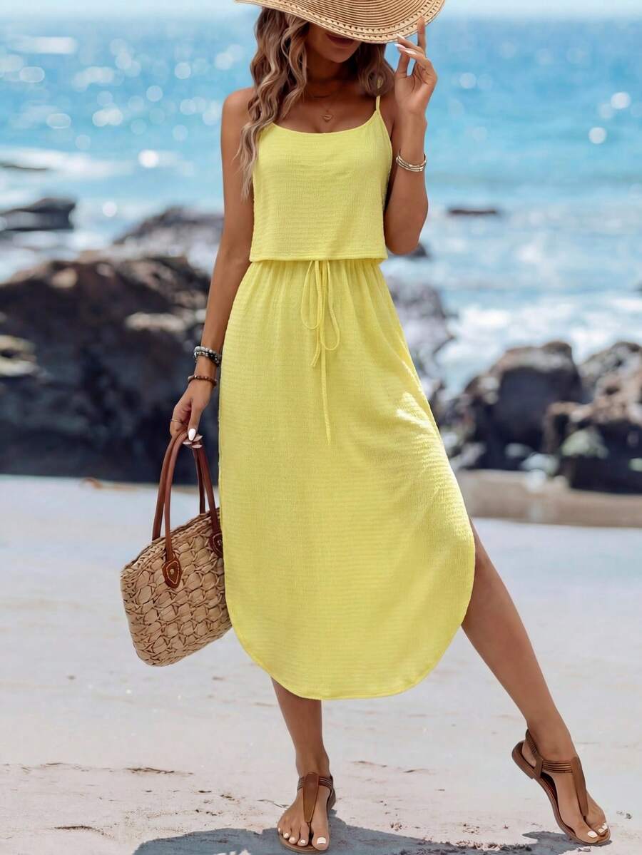 Sylviya 女士休闲米黄色开衩吊带沙滩裙 - 黃色 - 查看 1