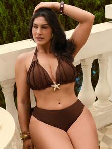 Swim Chiccia Bộ bikini cỡ lớn 2026 mới mùa xuân/hè, màu nâu, dây đeo rộng, họa tiết dây bện hình ngôi sao và quần bơi xếp ly, kiểu dáng thanh lịch. - Cà phê nâu - Xem 1