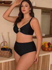 Swim Chiccia 2026 New Elegant Metal Decor Solid Color Adjustable Strap Swimwear Set, Chic Beach Holiday Outfit For Plus Size - Black - View 5