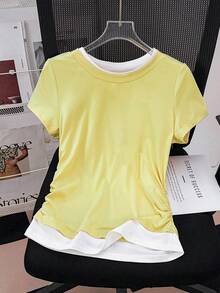 GlowEve Camiseta casual de mujer con cuello redondo y mangas cortas plisadas - Amarillo - Ver 3