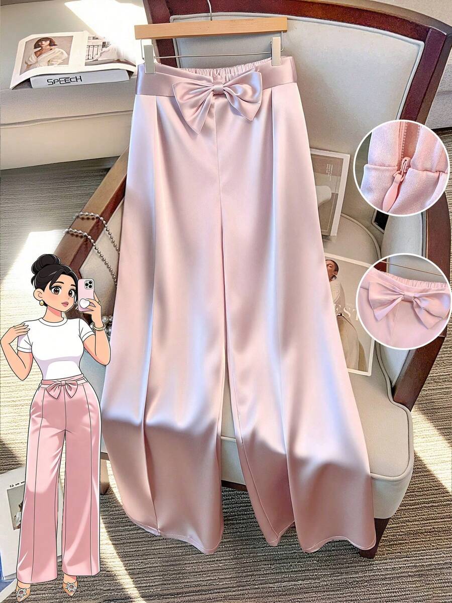 GlowEve CURVE 女士优雅蝴蝶结装饰缎面长裤 - 粉色 - 查看 1