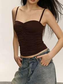 INAWLY Camiseta de tirantes ajustada con fruncido de unicolor para mujer - Café integral - Ver 1