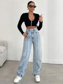 SHEIN Ljustvättade raka jeans med sömdetaljer fram, Komfort, Jeans, Denimbyxor - Ljustvätt - Visa 6