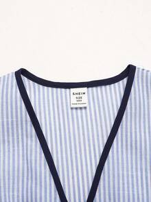 SHEIN Bộ đồ 2 món cho bé gái tuổi teen mùa hè, thanh lịch, thường ngày đi làm, gồm áo crop top tay ngắn cài kim loại và quần ống rộng cạp cao. - Màu xanh lam - Xem 7