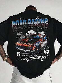 Manfinity Dauomo Summer Street Style Racing Crew Neck Short-Sleeved T-Shirt, Printed T-Shirt, Men's Top - Black - View 2