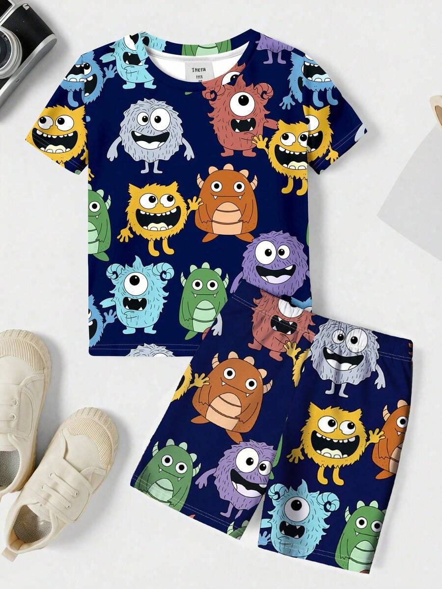 SHEIN Young Boy Cartoon Monster Pattern Casual Minimalist Snug-Fit Cozy Round Neck Short Sleeve Shorts Homewear, Suitable For Spring/Summer - Multicolor - View 1