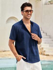 Mercer Haus 男士補丁貼口袋半排扣襯衫 - 藏蓝色 - 查看 1