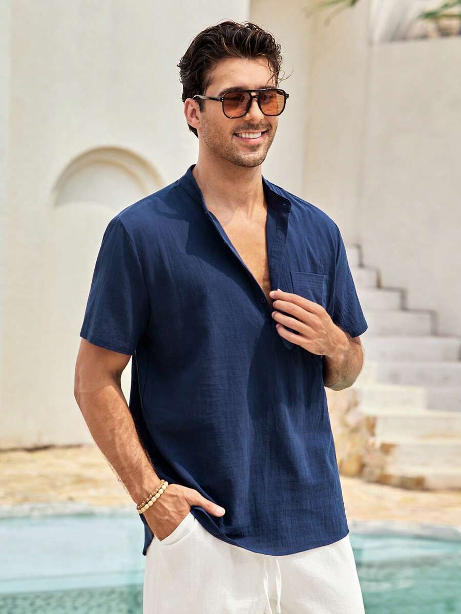 Mercer Haus 男士補丁貼口袋半排扣襯衫 - 藏蓝色 - 查看 1