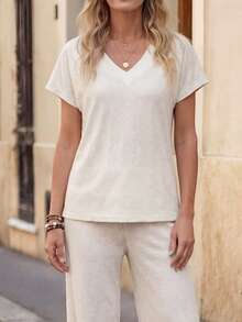 EMERY ROSE 女士V领短袖休闲宽松T恤 - 彩色 - 查看 5
