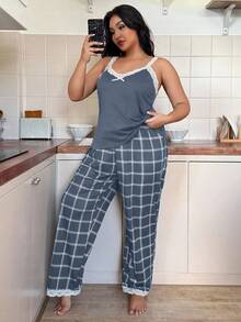 Napfluff CURVE Bộ đồ ngủ cỡ lớn gồm áo hai dây phối ren tương phản màu và quần kẻ caro. - Màu xanh bụi bặm - Xem 4