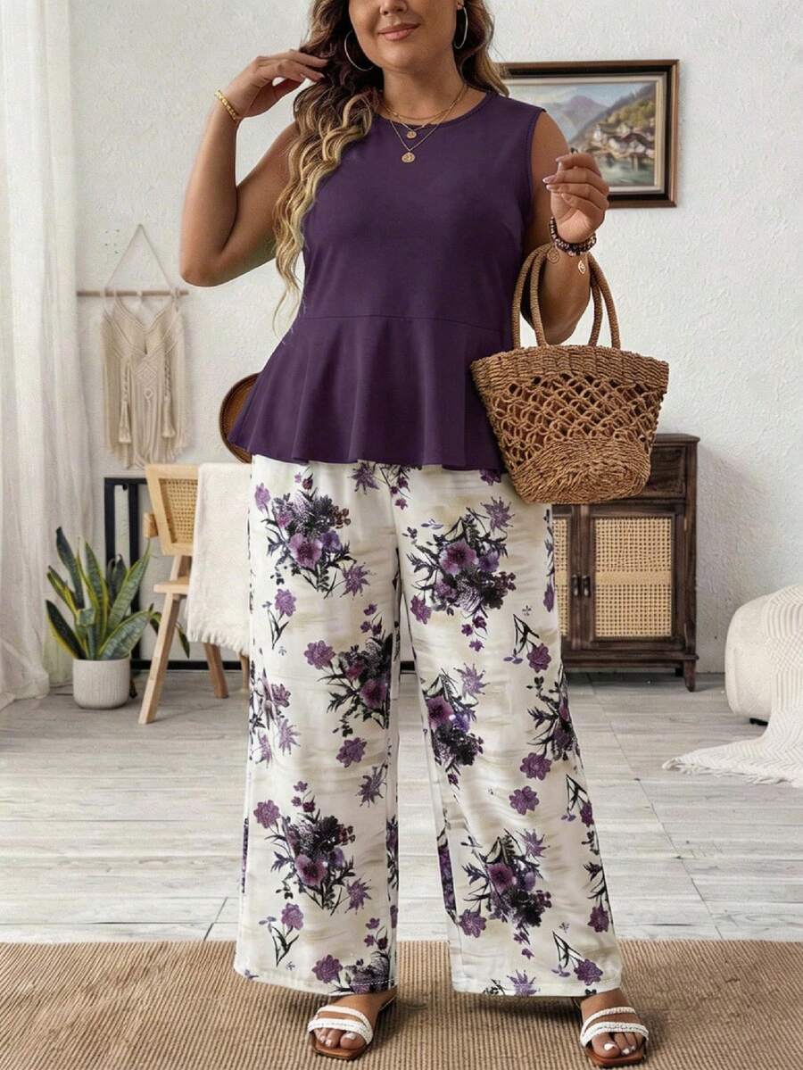 SHEIN LUNE Plus-Size Women's Summer Purple Solid Color Round Neck Ruffled Camisole And Floral Print Wide-Leg Loose Two Pieces Set - Purple - View 1