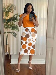 SHEIN Lady CURVE 2 件套大码女士休闲圆点印花宽松圆领上衣和裙子套装，适合夏季 - 彩色 - 查看 3