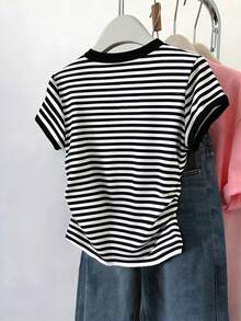 Áo thun ngắn tay kẻ sọc kiểu dáng thường ngày cho bé gái tuổi teen, mùa hè. - trắng - Xem 2