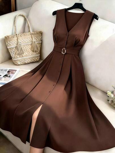 GlowEve CURVE Đầm ôm dáng thanh lịch, không tay, cổ chữ V, đính vòng kim loại dành cho nữ cỡ lớn, đa năng.