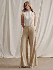 Anewsta 女士卡其色侧缝饰带宽松阔腿休闲裤，新款夏季海滩度假 - 卡其色 - 查看 3