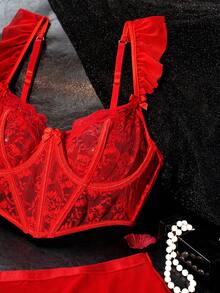 Bộ đồ lót ren gợi cảm dành cho nữ, gồm áo ngực xếp nếp, quần lọt khe và chân váy, bộ 3 món. - Đỏ - Xem 5