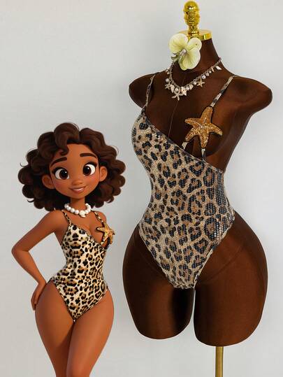 Swim SXY Sexy Leopard Print One-Piece Swimsuit For Women, Sparkling Beaded Leopard Print Design With Asymmetric Spaghetti Straps, Daring Open Back, Thong Bottom, Glamorous Beach, Pool, Yacht, Festival, Photo Shoot, Versatile