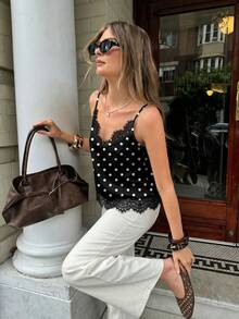 Serisse Elegant Black Background White Polka Dot Print Lace Patchwork Casual Minimalist Style Tank Top, Versatile & Retro, Suitable For Spring/Summer - Multicolor - View 7