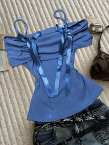 INAWLY Women's Casual Slim-Fit Camisole Top With Bow - Blue - View 6