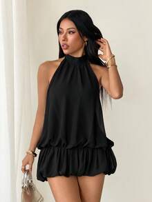 SHEIN PETITE 女士立领无袖荷叶边宽松夏季连衣裙，黑色连衣裙，优雅高贵，派对礼服 - 黑色 - 查看 6