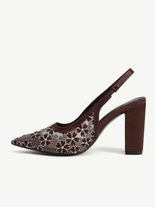 CUCCOO CHICEST Giày nữ mùa thu mới, chất liệu lưới, mũi nhọn, gót thấp, gót mỏng, cao gót, kiểu dáng thanh lịch, thời trang, gót dày. - Cà phê nâu - Xem 4