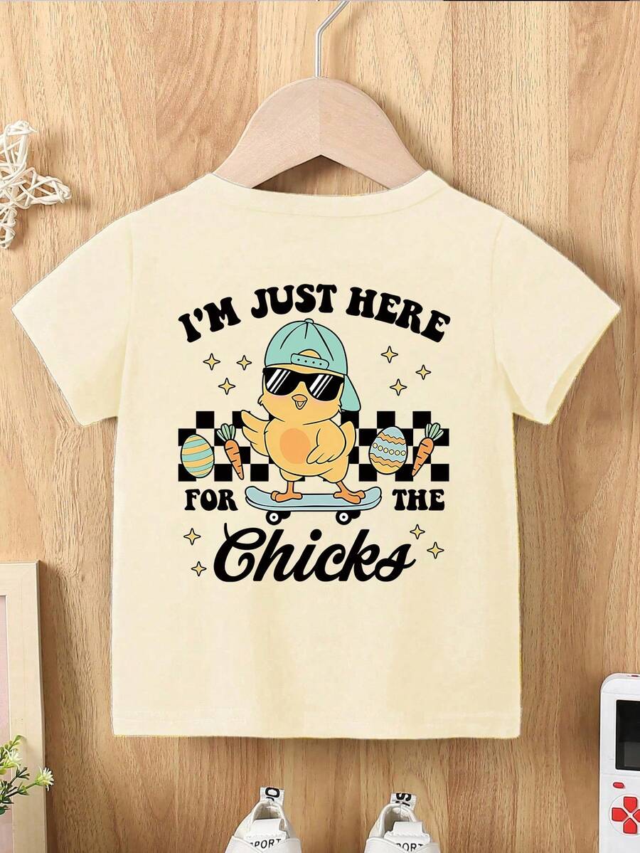 Camiseta de punto ajustada con cuello redondo, estampado de pollito y huevo de Pascua "SOLO ESTOY AQUÍ POR LOS POLLITOS", para niños pequeños, atuendos de primavera a verano - Albaricoque - Ver 1