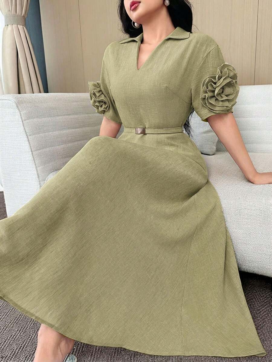 Feyla V-Neck Waist Cinching Handmade 3D Floral Belt Decor Commuting Elegant Versatile Comfortable Summer Dress