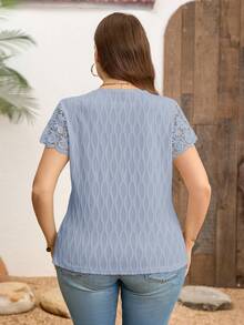 Reflora Plus Size Women's T-Shirt, Summer Casual Wear Top, Elegant Knit Jacquard T-Shirt With Contrast Lace, White - Dusty Blue - View 2