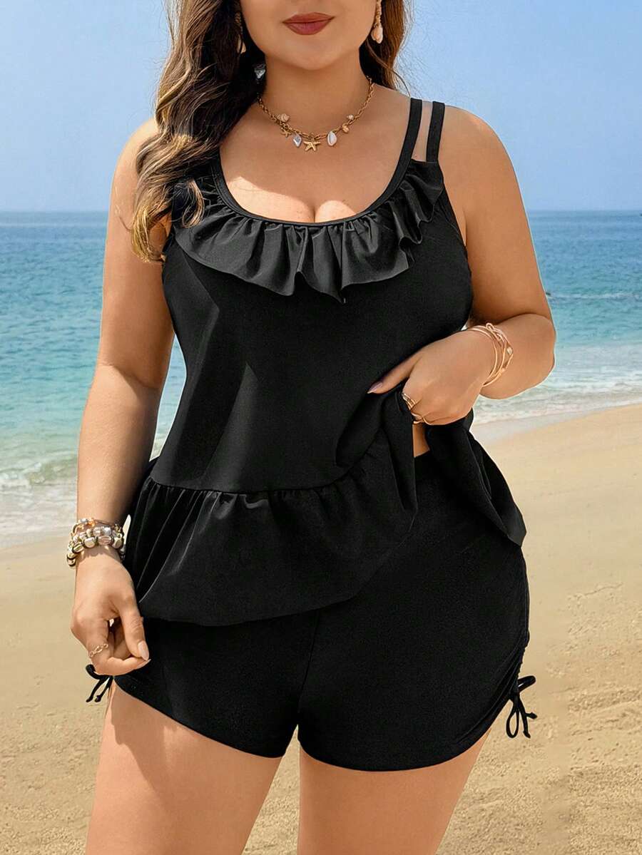 Swim Lushoire 2026新款加大码女士纯色两件式泳衣，肩带可调节，胸垫可拆卸，优雅荷叶边前片设计，修身下装饰有褶皱荷叶边，高腰短裤配有优雅抽绳，显瘦休闲沙滩/泳装 - 黑色 - 查看 1