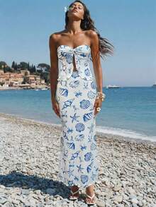 Nevyona Bộ đồ 2 mảnh mùa hè họa tiết sao biển và vỏ sò, áo quây gợi cảm hở lưng và chân váy maxi đuôi cá dành cho nữ. - Màu xanh lam - Xem 3