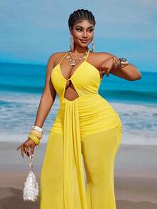 Maweii Plus Size Women Sexy Hollow Out Mesh Fabric Backless Jumpsuit - Yellow - View 6