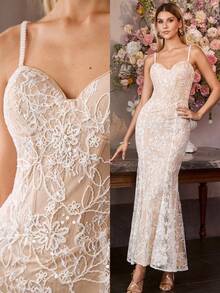 MOTF Soiréza 女士优雅亮片蕾丝刺绣美人鱼下摆吊带连衣裙 - 米色 - 查看 9