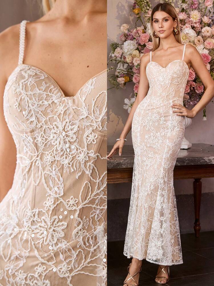 MOTF Soiréza WOMEN'S ELEGANT SEQUINS LACE EMBROIDERED MERMAID HEM SPAGHETTI STRAP DRESS